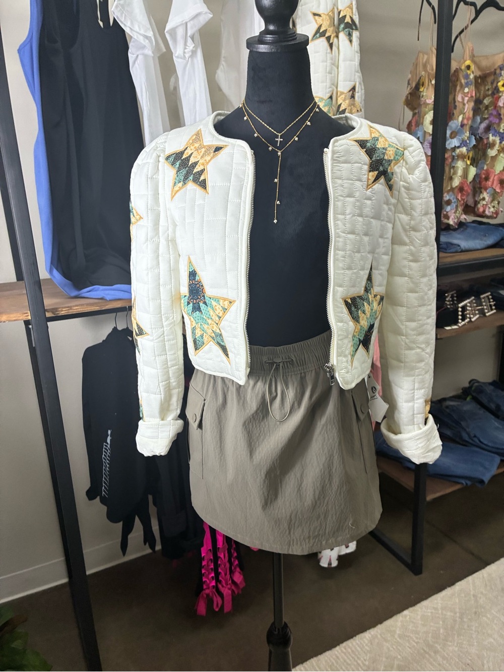 Blue B. White Quilted Patchwork Cropped Jacket
